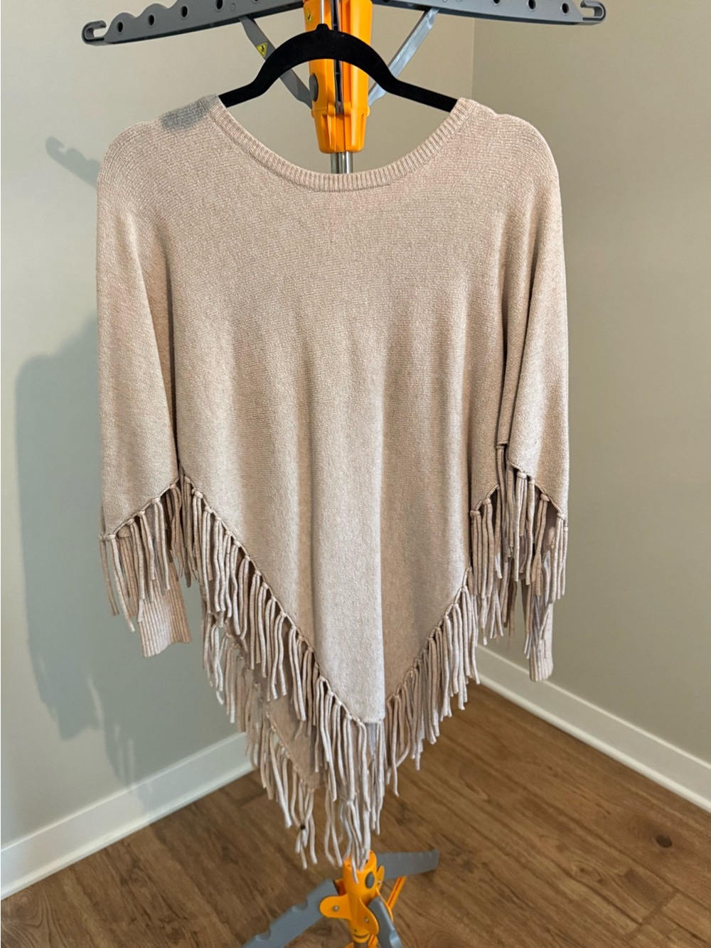 Alythea Fringe Knit Poncho in Light Beige